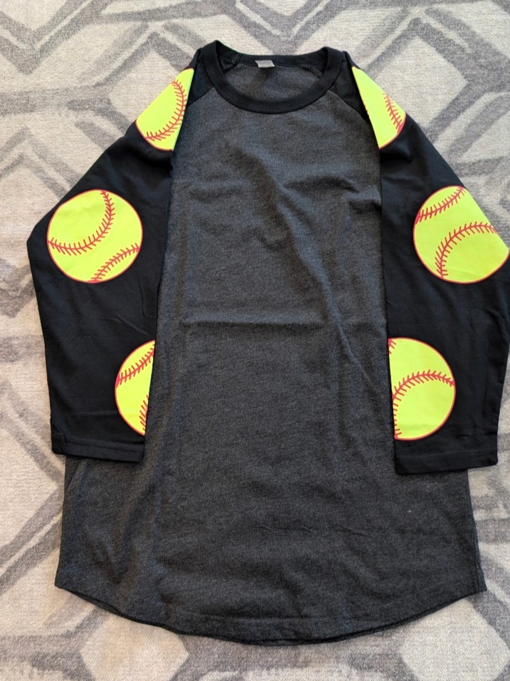 Black & Charcoal Soft Raglan Top with Neon Softball Accents